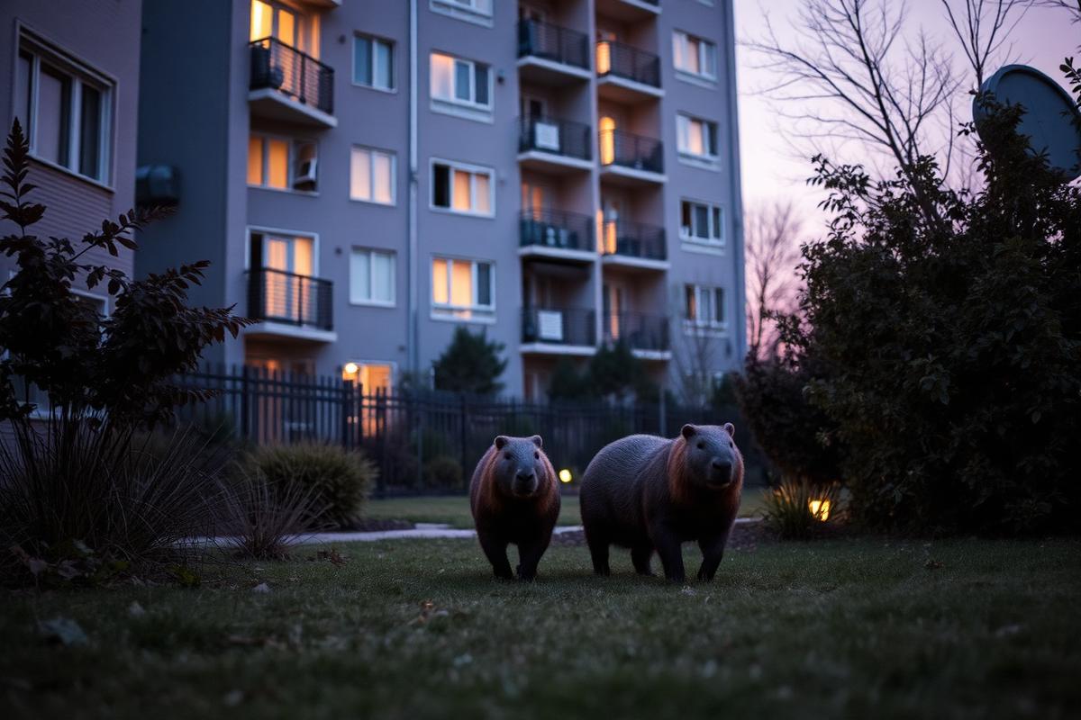 Fauna urbana em área comum de condomínio ao entardecer